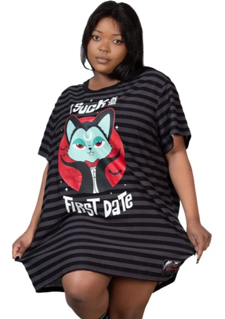 Killstar Black & Gray Striped Graphic T-shirt Dress with Teal Cat and Red Accent